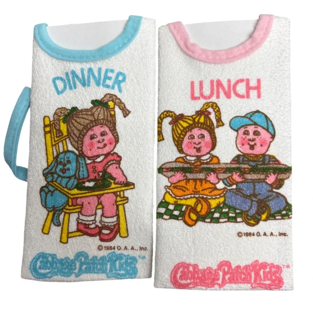 Vintage Cabbage Patch Kids Baby Bibs meal Set 2 Lunch Dinner Pink Blue Terry 80s